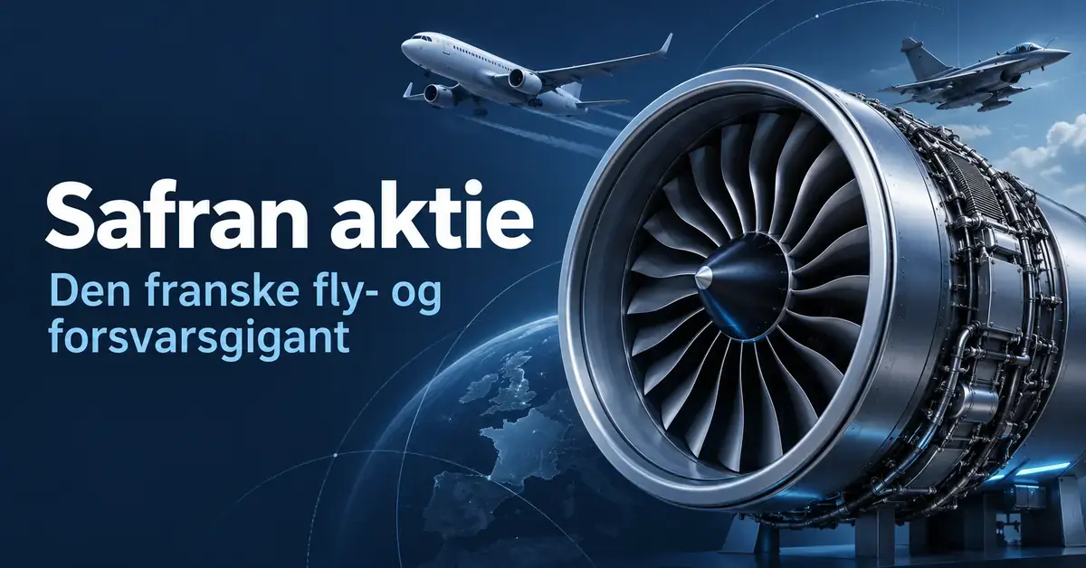 Våbenaktier Illustration af en flymotor med et passagerfly og et militærfly i baggrunden samt teksten »Safran aktie – Den franske fly- og forsvarsgigant«.